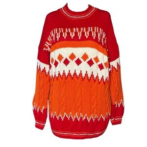 HANDMADE Chunky Colorful Orange/Red/Cream Crewneck Sweater XL